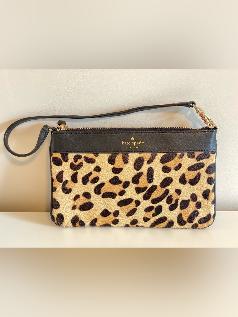 kate spade Leopard Print Small Handbag/Wristlet with Black Trim